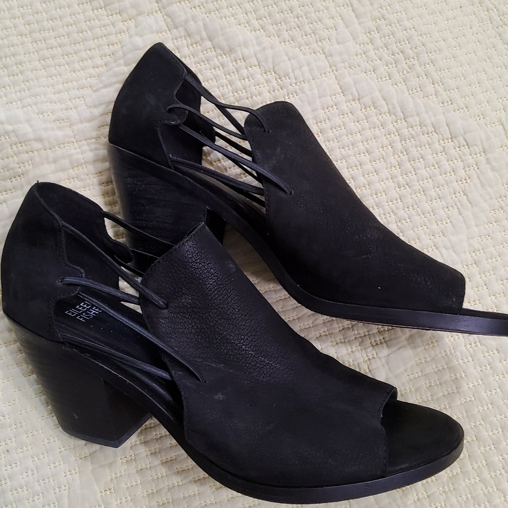Eileen Fisher Black Suede Nikki Open Toe Heeled Booties Size 8,5
